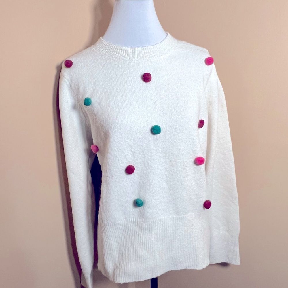 89th + Madison Women's 1X Colorful Pom Pom Winter White Sweater Plus Size